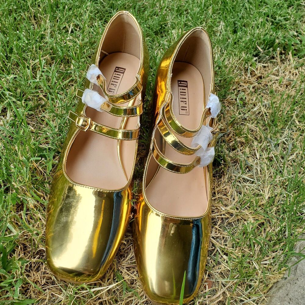 Gold Mirror Mary Jane Size 8.5 Block Heel Y2K Party Disco Shoes Retro Glam